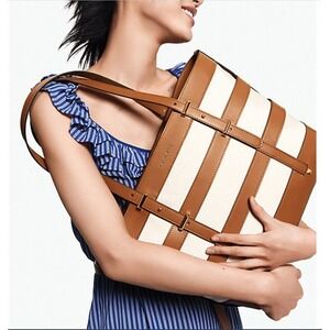 Michael Kors Marie Cage Tote Leather Natural Cream & Acorn, LG New W Tags ($319)